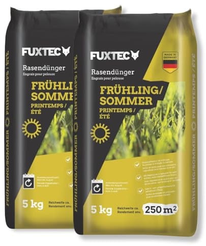 FUXTEC Rasendünger Frühling/Sommer FX-RDFS10, stickstoffbetonter Rasendünger für gleichmäßiges Wachstum, 10 kg Granulat für ca. 500m², langanhaltende Nährstoffversorgung