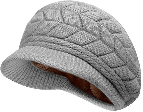 KUYOU Winter Strick Pelzmütze Barett Damen Schirmmütze Kappe Hut (Mode Grau)