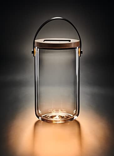 Lumix® LED Deco Glass Long Solarlicht Dekoleuchte Sonnenglas Solarlampe mit Bambusdeckel Mundgeblasenes Glas Dekoration Warmweiß inkl. USB-Port Leder Trageriemen In & Outdoor 22510