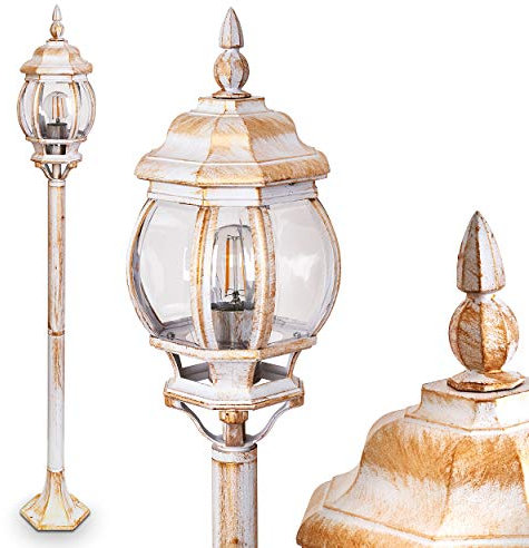 Außenleuchte Lentua, Wegeleuchte in antikem Look, Aluguß in Weiß/Gold mit Kunststoff-Scheiben, Stehleuchte 120 cm, Retro/Vintage Gartenlampe, E27-Fassung, IP44, ohne Leuchtmittel