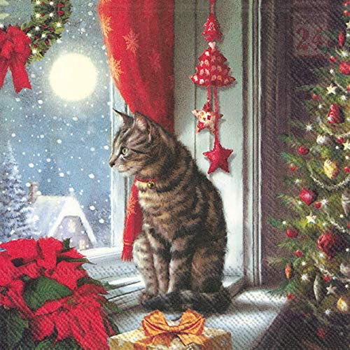IHR Serviette Katze am Fenster 33x33cm Papierserviette Serviettentechnik 20 Stück