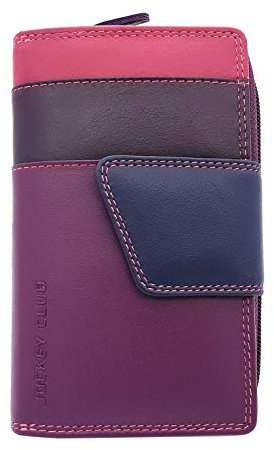 Jockey Club echt Leder Damen Geldbörse mit verstellbarem Außenriegel Portemonnaie feines Kalbsnappaleder Rio Tropic Multicolor mit farbenfrohen Innenleben Beere mit RFID Schutz