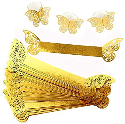 Anloo Schmetterlings Papier Serviettenring, 100 Stück 3D Laser geschnittene Serviettenschnallen Band für Hochzeitsessen Party Serviette Table Festival Jubiläumsrestaurant (Gold)