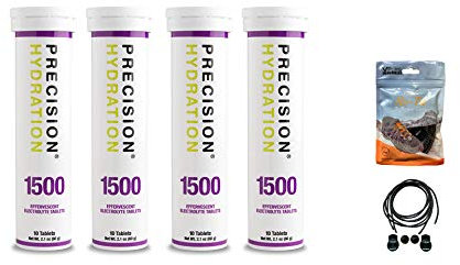 Precision Hydration Electrolyte Tablets - 4 Tubes of 10 x Tabs (1500 Strength). Bundled with a Pack of VPoint Leisure Elastic No-tie Reflective Shoe Laces