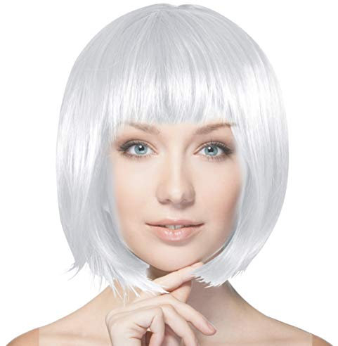 Plitsch Platsch Perücke Bob Pagenkopf Cabaret Wig Kurzhaar Charleston Perücken Fasching Karneval Halloween Motto Party - 24 Farben Varianten für Erwachsene, One Size (Silber)
