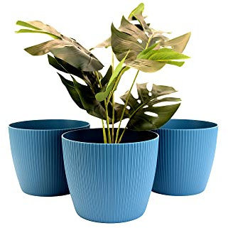 Home Garden Ornaments Small Plant Pots Indoor – Indoor Plant Pot for Home and Garden, Decorative Striped Set of 3 Flower Pots (Diameter 15.5cm, Navy Blue)