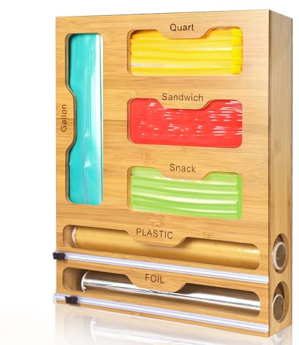 Ziplock Bag Organizer, Bag Storage Organizer for Kitchen Drawer, Plastic Wrap Dispenser with Cutter, 6 IN 1 Bamboo Foil and Plastic Wrap Organizer, Compatible with Gallon Quart Sandwich and Snack Bag