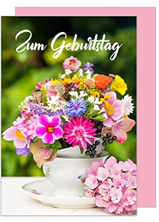 Edition Seidel Premium Geburtstagskarte mit Umschlag. Glückwunschkarte Grusskarte Billet Happy Birthday Mann Frau Kind Zum Geburtstag bunter Blumenstrauß Hortensie Karte Porzellan (G3051 SW023)