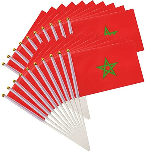 Luxylei Mini Drapeaux marocains tenus dans la Main 20pcs Petits Drapeaux de bâton du Maroc Drapeau National d'impression de Pays de Polyester pour des événements Sportifs de défilés