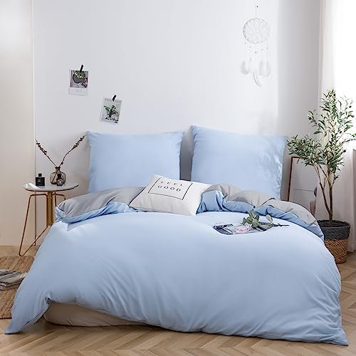 AYSW Bettwäsche gebürstet Microfaser 1 Bettbezug 200 X 200cm + 2 Kopfkissenbezug 80x80cm mit Reißverschluss Hell Grau/Spa Blau