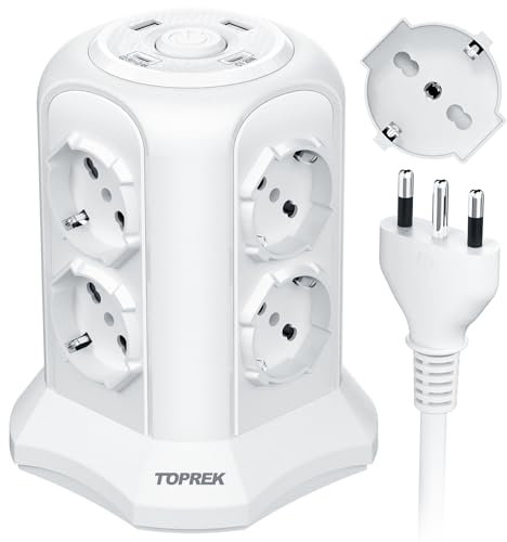 TOPREK Multipresa Verticale con 8 Prese Universali ITA 10/16A e Schuko e 2 USB C e 2 USB A(USB-C1 20W PD3.0 Ricarica Rapida), 4000W/16A, Ciabatta Multipresa con Interruttore, 2M Cavo,Spina 16A,Bianco