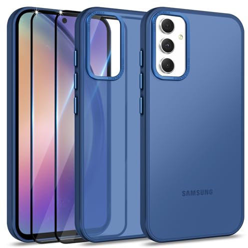 Btstring Funda para Samsung Galaxy A54 5G con 2 Cristal Templado Protector Pantalla, Carcasa Antigolpes Protectora con Marco de aleación. Translúcida esmerilada Case, Azul
