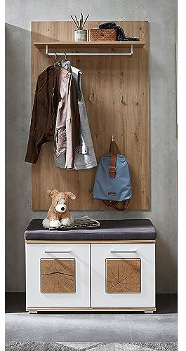 Lomadox Garderoben-Set 2-teilig in braun mit weiß | Flurgarderobe in Eiche mit weiß Hochglanz | Garderobenpaneel, Flurbank