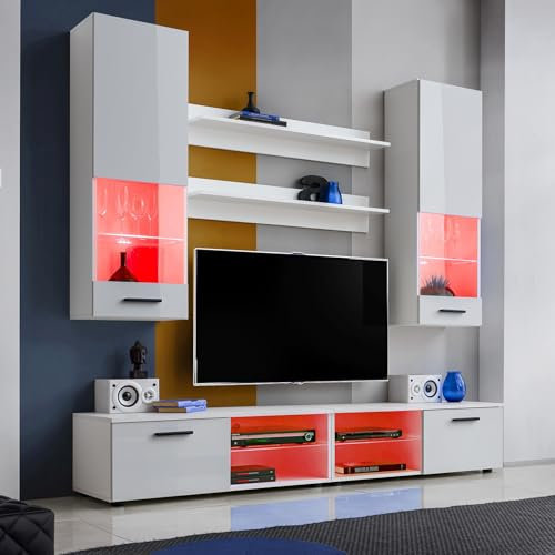 Komodee, Wohnwand Wohnzimmerset RTV Varallo, Weiß Hochglanz/Weiß Matt, Breite 200cm x Höhe 195cm x Tiefe 45cm, LED RGB, für Wohnzimmer, Schlafzimmer