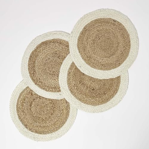 HOMESCAPES 4er-Set Jute Tischsets rund geflochten 40cm, Platzsets creme-natur, Platzdeckchen Naturfaser