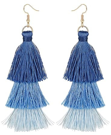 FIOROYAL Baumelnde Quaste, Blauer Ohrring für Frauen Und Mädchen, Boho-Ohrring, Langer Faden, Quasten-Ohrringe, Böhmische Fransen, Tropfen, Handgefertigte Ohrringe, Farbverlauf