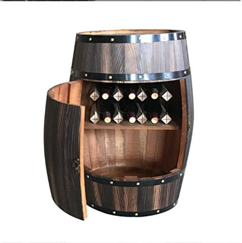 Armoire à vin en chêne avec porte ouverte, tonneau de bière décoratif en bois massif, casiers de présentation, tonneau en bois, tonneau de décoration de cave à vin, décoration de cave à vin en bois