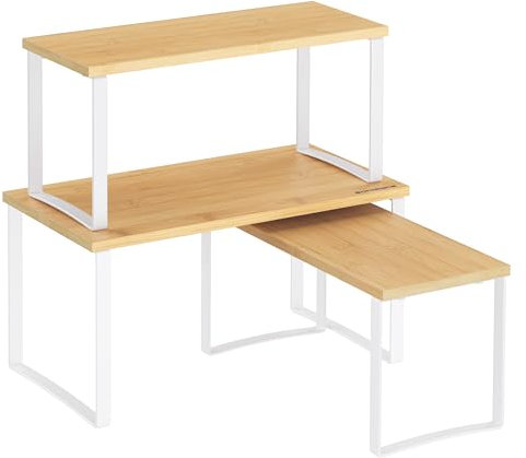 SONGMICS Gewürzregal, 3er Set Küchen-Organizer, Küchenregal, stapelbar, erweiterbar, Metall und Holzwerkstoff, wolkenweiß-naturbeige KCS014W01