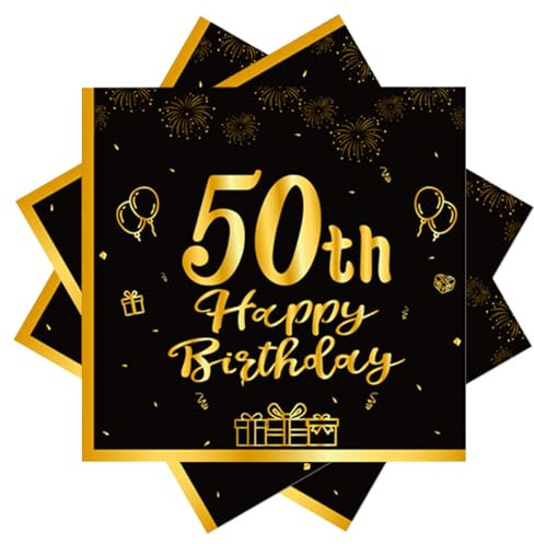 40 Stück Schwarz Servietten Geburtstag,50 geburtstag Schwarz Gold Papier Party Servietten 33 x 33cm Papierservietten für Mann Frau Mädchen Geburtstag Party Deko