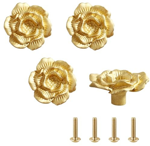 4 Pièces Laiton Monotrou Poignée, Boutons En Forme De Fleur Pour Armoire, Avec Vis De Fixation, Vintage Poignées Boutons De Meuble, Bouton Meuble Dorée, Pour Commode, Armoire, Meuble, Porte Placard