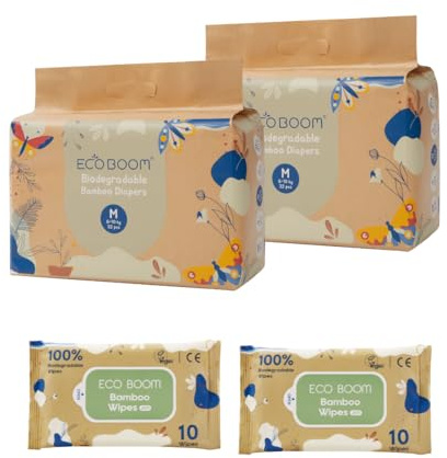 ECOBOOM JOY- Pañal Ecológico de BAMBÚ. 70% Biodegradable, Hipoalergénico (TALLA 3/M, 6-10 KG, PACK 2 BOLSAS - 64 pañales)