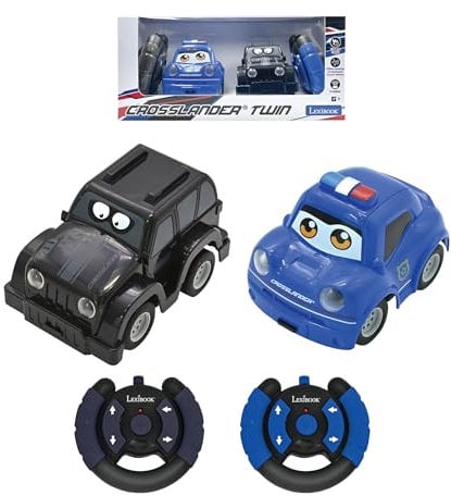 LEXIBOOK, Crosslander® Twin, Set of 2 Radio-controlled cars (Police car, Thief's car), up to 12km/h, sound and light effects, 2 remote controls, Black/blue, RC12