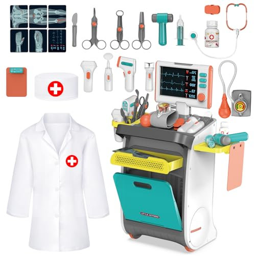 deAO Malette Docteur Enfant avec Lumière et Son, Chariot Médical Enfant avec Stéthoscope et Blouse De Médecin, Doctors Kids Medical Centre, Kit De Médecin Jouets,Jeu de Rôle 3 Ans(Bleu)