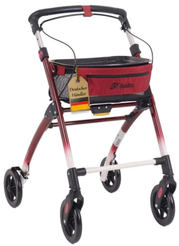 FabaCare Indoor Rollator Jaguar, schmal mit Tablett, Leichtgewicht Wohnungsrollator faltbar, Heimrollator, bis 100 kg, Rot/Weiß