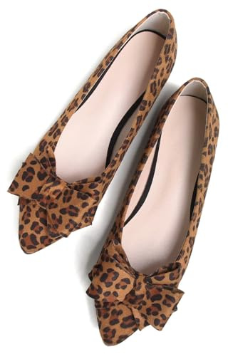SAILING LU Bow-Knot Ballet Flats for Women Pointed Toe Crystals Wedding Shoes Comfort Light Weight Loafers, 241-leopard Brown, 5.5 UK