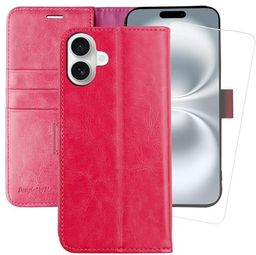 MONASAY for iPhone 16 Plus 5G Wallet Case,[Glass Screen Protector Included] [RFID Blocking] Flip Folio Leather Cell Phone Cover with Credit Card Holder, 6.7-inch, Hot-pink