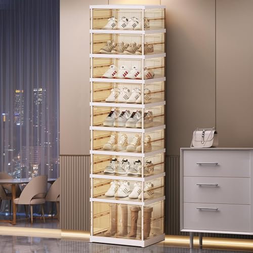 Faltbares Schuhregal mit Türen - ELPHECO 9 Ebene 18 Paare Faltbarer Schuhschrank, Transparentes Stapelbare Schuhaufbewahrungsboxen, Großer Kunststoff-Schuhaufbewahrungs-Organizer, Weiß