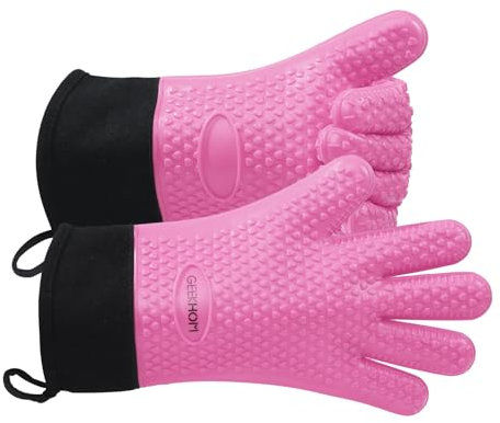 GEEKHOM Silicone Oven Gloves Heat Resistant Silicone Oven Mitts BBQ Gloves Waterproof Kitchen Gloves, BBQ Accessories for Barbecue Grilling Microwave, Non-Slip Oven Gloves with Fingers, Pink