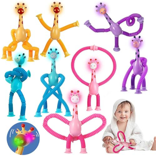 8 Stück Teleskop-Saugnapf-Giraffe-Spielzeug,Led pop Tubes Tiere,Sensorisches Giraffen-Spielzeug,Telescopic Suction Cup Giraffe Toy,Lustiges Pädagogisches Stressabbau für Kinder und Erwachsene