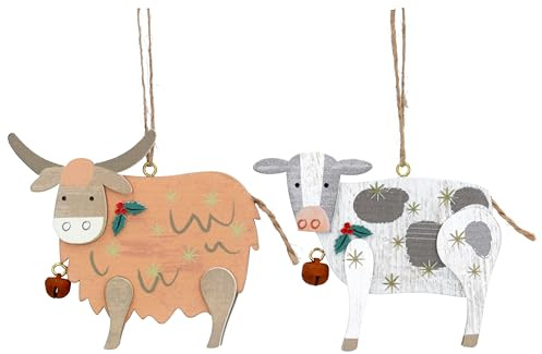 Gisela Graham New England Weihnachtsschmuck Kuh aus Holz, 2 Stück