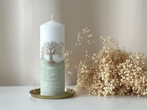 Heylovelypeople Moderne Taufkerze Baum mit Taube 7 x 20 oder 25 cm in verschiedenen Farben personalisiert | Ein einzigartiges Accessoire für die Taufe | R216 (Grün, 7 x 20 cm)