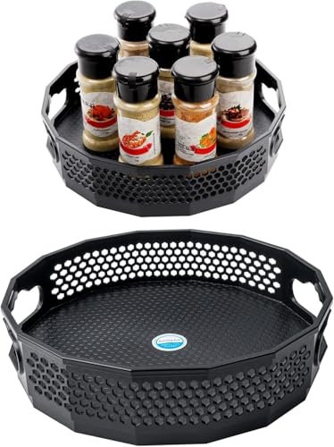 2 Pack Lazy Susan Turntable Organizer, Plastic Spice Rack Rotating Storage Container With Handles Non-Slip Organizer for Kitchen Cabinets Refrigerators(Black)