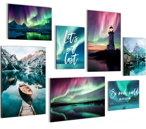 Novart Bilder Nordlicht Natur - KOMPLETT AUFHÄNGFERTIG - Blau Grün Wohnzimmer Schlafzimmer Flur - 7 Moderne Mood-Bilder - N028872a