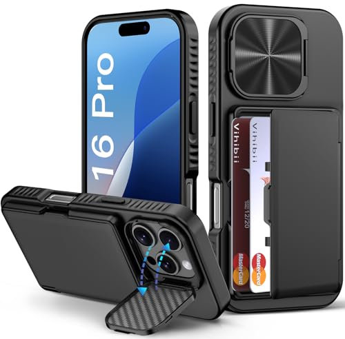 Vihibii for iPhone 16 Pro Case Wallet, Built-in Card Holder (4-5 Cards), Camera Cover Stand, Military Grade Drop Protection, Rugged Heavy Duty Men Women Protective Phone Case for iPhone 16 Pro, Black