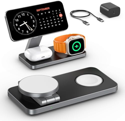 EXW 3 in 1 Magnetic Wireless Charging Station,Fast Wireless Charger for iphone 16/15/14/13/12,Charging Station for Apple Watch and AirPods(Adapter Included) Black
