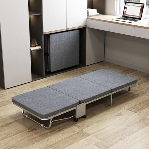 Klappbett für Erwachsene, grau, groß, dreifach klappbares Bett aus Metall, klappbares Einzelbett fürs Büro, zusammenklappbares S-Bett für Erwachsene, tragbares zusammenklappbares Gästebett f
