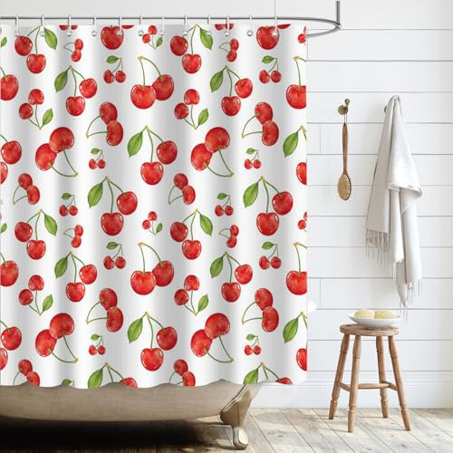 APROPHIC Duschvorhang Red Kirschen 180 x 180cm, Duschvorhang Rot Kirsche, Sommer Rote Frucht Badezimmer Vorhänge, Polyester Wasserdichtes Bad Vorhang mit 12 Haken