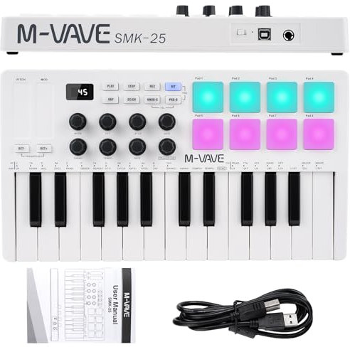 Nikou M-VAVE MIDI Keyboard Controller, USB Mini 25 Keys, Professional Dynamic Keybed, Electric Music Arranger Keyboard with RGB Drum Pads, White