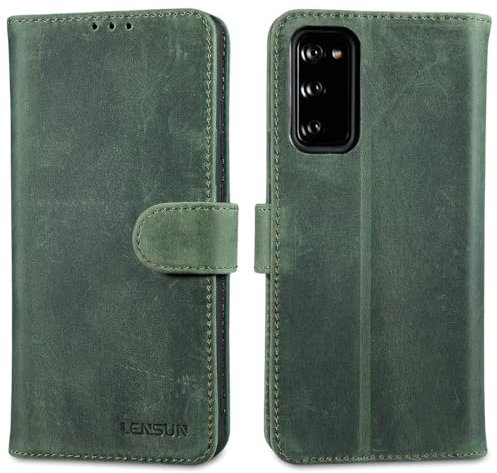 LENSUN Lederhülle für Samsung Galaxy S20 FE, Echtleder Hülle [Wallet Fach][RFID Blocker][Echtes Leder] Handyhülle Schutzhülle für Samsung S20 FE 4G/5G - Retro Grün