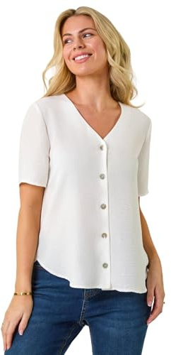 Roman Petite V-Neck Button Through Blouse for Women UK - Ladies Everyday Autumn Winter V-Neckline Comfy Soft Evening Vacation Work Party Night Out - Petite White - Size 14