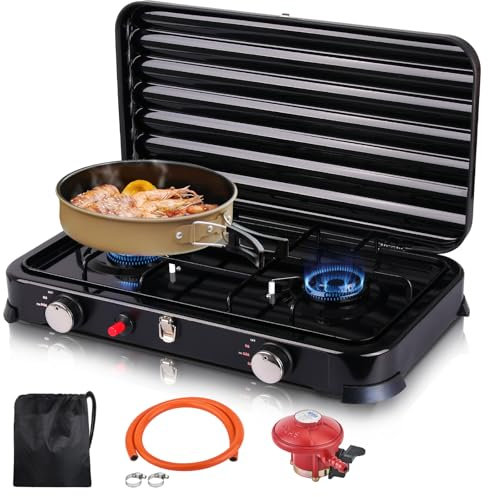 Cocina a Gas Camping 2 Fuegos 4,4kW - Portátil Hornillo Gas GLP Exterior con Encendido Automático, Regulador 37mbar + Manguera PVC 150cm, Quemador Exterior para Senderismo, Acampada, Barbacoa