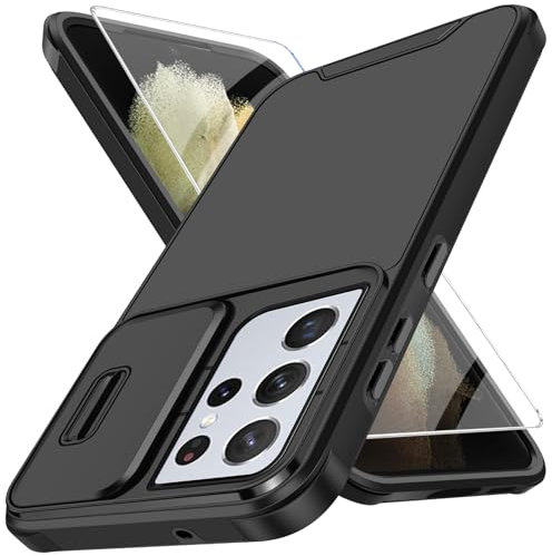 Handyhülle für Samsung Galaxy S21 Ultra Hülle mit Schutzfolie Und Slide Camera Cover Kameraschutz, Schutzhülle Militärschutz Stoßfeste Kratzfeste Panzerhülle für Samsung S21 Ultra 5G Tasche (Schwarz)