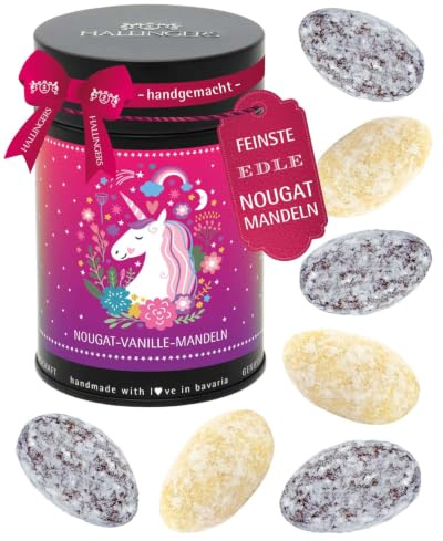Hallingers Genuss Manufaktur Nougat-Mandeln Geschenk - von Hand in der Manufaktur schokoliert ohne Alkohol in der Geschenkdose Einhorn, Geschenkidee für Mädchen