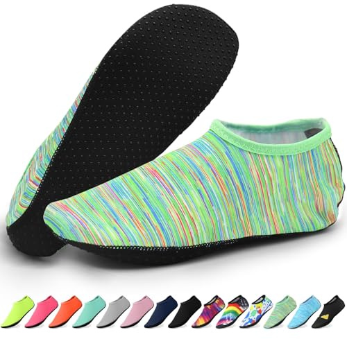 KATKLIU Water Socks – Non-Slip Diving Sock with Grippy Sole – Lightweight Quick Dry Swimming Socks for Men Women – Beach & Surfing Gear for Pool, Yoga, Indoor & Outdoor Sport-Green Lines-36-37