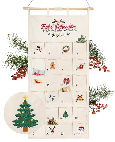DazSpirit Adventskalender aus Stoff 2026 mit gesticktem ‘Frohe Weihnachten’ | Adventskalender zum Befüllen Wandbehang, Hochwertig Bestickt – Festliche Weihnachtsdeko Familien & Geschenke für Kinder