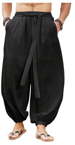 OYOANGLE Men's Harem Pants with Pocket Baggy Aladdin Hippie Loose Fit Elastic Waist Wide Leg Japanese Pants Black Large
